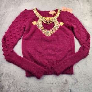 New Manoush Magenta Angora Rhinestone Heart Embellished Bobble Knit Sweater S